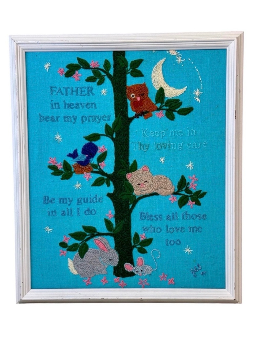 Embroidered Crewel Child Prayer Framed Textile Wall Art Animals Nursery Vintage